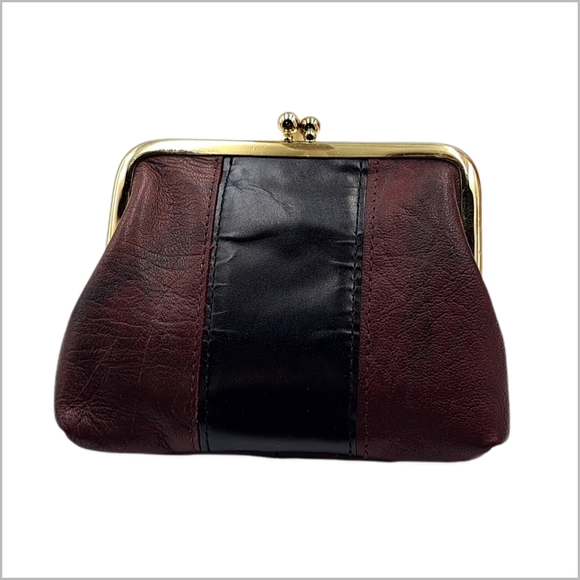 Buxton Handbags - Buxton ~ Genuine Leather Black and Plum Kiss-Lip Closure Coin Bag. 4" x 3.5"
